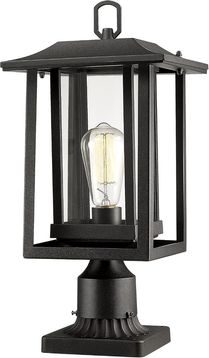 Beionxii Outdoor Post Light, Large Exterior Lamp Post Light Pier Mount Lantern with Base, Black Cast Aluminum w/Clear Glass (19" x 9") - A197P-1PK