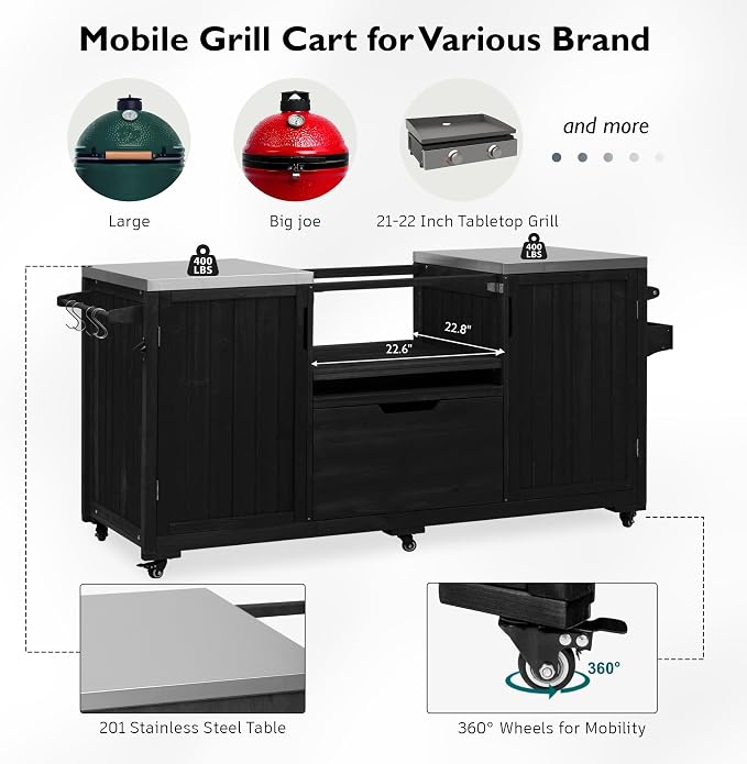 RUNNA 66.5" Outdoor Kitchen Island for Big Green Egg Grills,Solid Wood Outdoor Grill Cart for Tabletop Grill with Stainless Steel Top,Drawer, Compatible with Large Big Green Egg, Kamado Joe