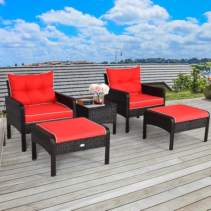 HAPPYGRILL 5PCS Patio Furniture Set Outdoor Rattan Wicker Conversation Set with Coffee Table Cushioned Sofas and Ottoman Chat Set for Garden Backyard