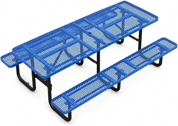 8FT Commercial Outdoor Metal Picnic Table with Umbrella Hole, Heavy-Duty Steel Patio Table & Benches, Seats 8-10 Adults, Weatherproof for Parks, Schools, Campgrounds & Backyards (Blue)