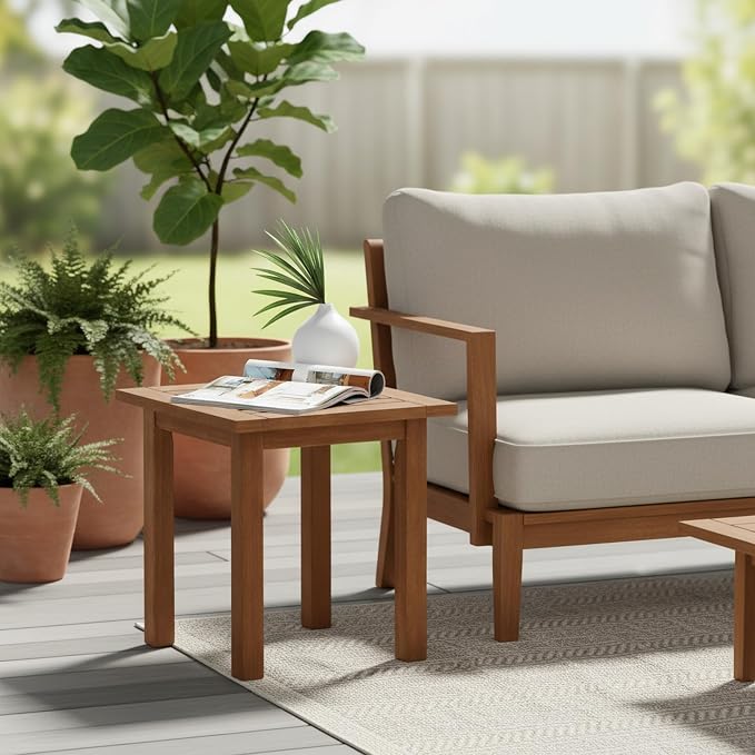 Furinno TIOMAN Outdoor Patio Side Table, Square Accent End Table, Small Outdoor Table for Garden, Porch, Balcony, Teak Oil Finish, Light Wood