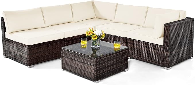 Tangkula 6 Pieces Patio Furniture Set, Outdoor Wicker Conversation Set with Glass Coffee Table, Wicker Sofa Set with Back & Seat Cushions, Rattan Sectional Conversation Set for Backyard Garden