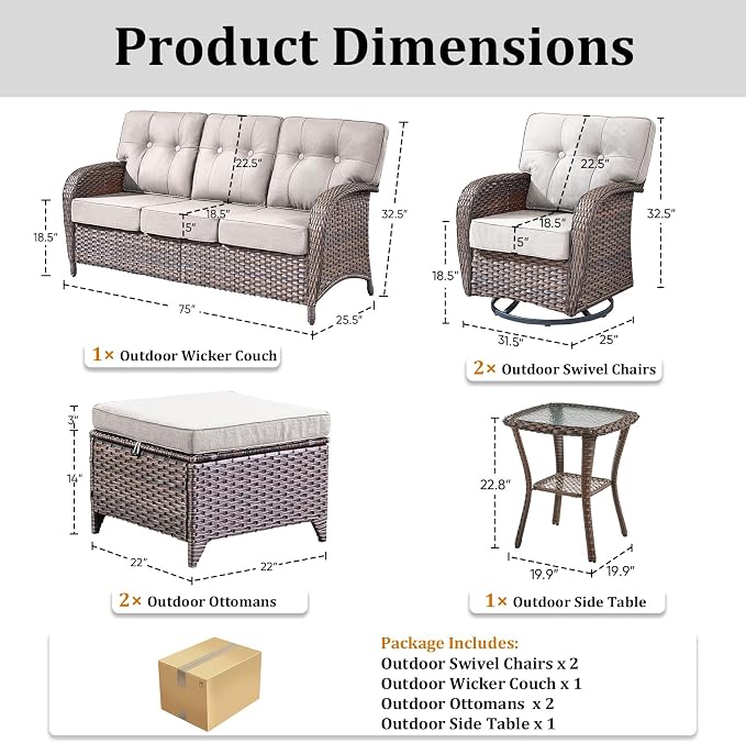 Patio Furniture Set, 5PCS Outdoor Wicker Conversation Set with Side Table, High Back Rattan Sofa & Swivel Rocker Chairs, Weather Resistant Olefin Fabric for Garden, Poolside Brown/Beige