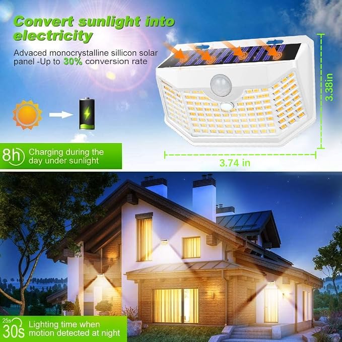 HMCITY 120 LED Solar Lights Outdoor with Motion Sensor and 3 Lighting Modes, IP65 Waterproof Wide Solar Wall Lights Ideal for Garden Patio Yard (Front Button 6Packs, White Shell-Warm White)