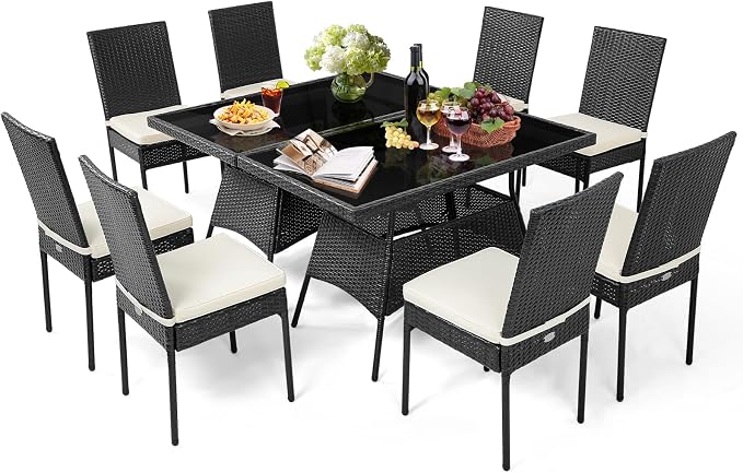 Tangkula 10 Pieces Wicker Patio Dining Set, Outdoor Rattan Table & Chairs Set with Padded Cushions, Patio Furniture Dining Glass Table Set for Balcony Patio Garden Poolside