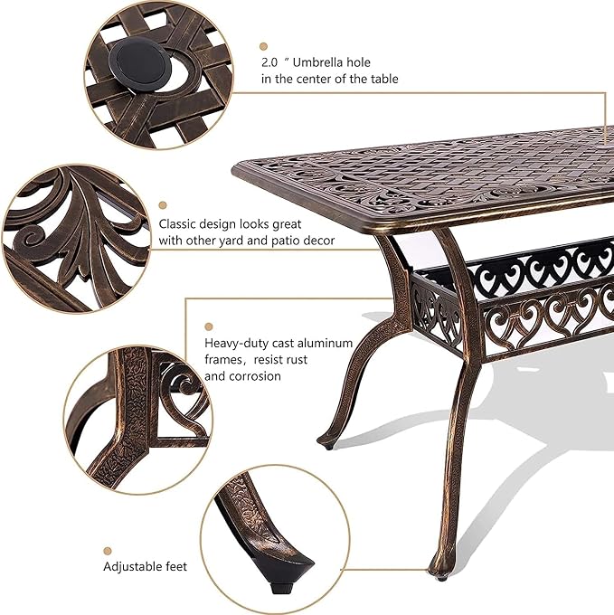 Grepatio 7 Piece Cast Aluminum Patio Dining Set, Outdoor Dining Furniture Set, Patio Table with Umbrella Hole and 6 Dining Chairs Set for Poolside Garden (Without Cushions)