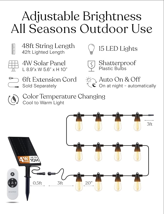 Brightech 48 (42+6) FT Ambience Pro Outdoor Solar String Lights - Bright Remote Control Color Adjustable Solar Light - Commercial Grade, 15 Waterproof LED Bulbs for Patios, Camping, Yard, Outside