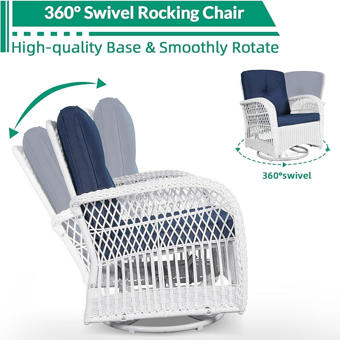 VIVIJASON 5-Piece Patio Wicker Conversation Set, All Weather Outdoor Rattan Furniture Set Includes Glider Loveseat, 2 Coffee Table, 2 Swivel-Gliders Chairs with Cushions, White/Navy Blue