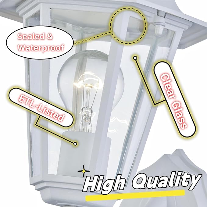 WISBEAM 2 Pack Outdoor Wall Light, White Wall Sconce for House Porch Lighting Fixture, E26 Base 60W Max, Metal Housing Plus Glass, Wet Location Rated, ETL Qualified, Bulbs not Included