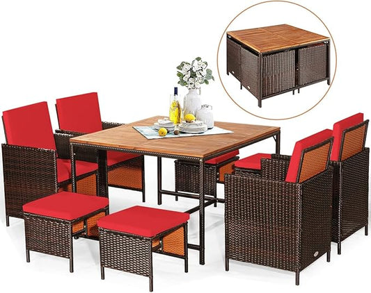 RELAX4LIFE 9-Piece Outdoor Dining Set - Patio Wicker Furniture Set w/Acacia Wood Tabletop, Soft Seat & Back Cushions, Dining Table & Chair Set for Backyard, Poolside (Red)