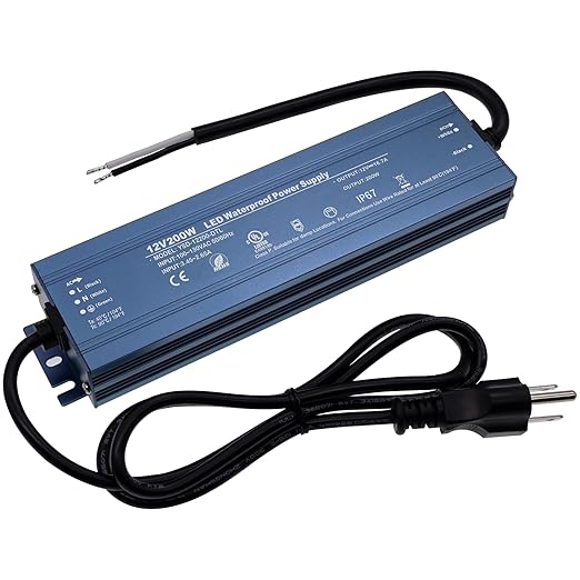 12V 200W UL Listed LED Power Supplywith 3.28ft US Standard Plug Ca | Waterproof IP67 Low Voltage Transformer, 100V-130V AC to 12V DC Converter for DC12V LED Lighting Products