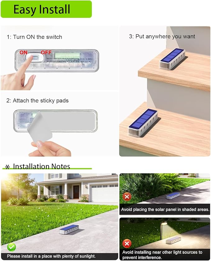 DetarZinLED Solar Step Lights for Outside 2 Pack, 12 LEDs 2-Sided Illumination Solar Stair Lights Outdoor IP68 Waterproof,Auto On/Off Deck Lights Solar Powered for Patio,Yard,Path,Walkway (Warm White)