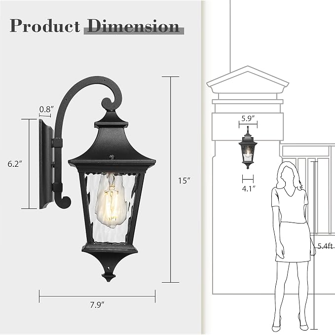 Emliviar 15 Inch Outdoor Wall Lantern Light, Porch Light for House, Hallway and Entryway, Black Finish with Water Ripple Glass, XE292B-SW BK