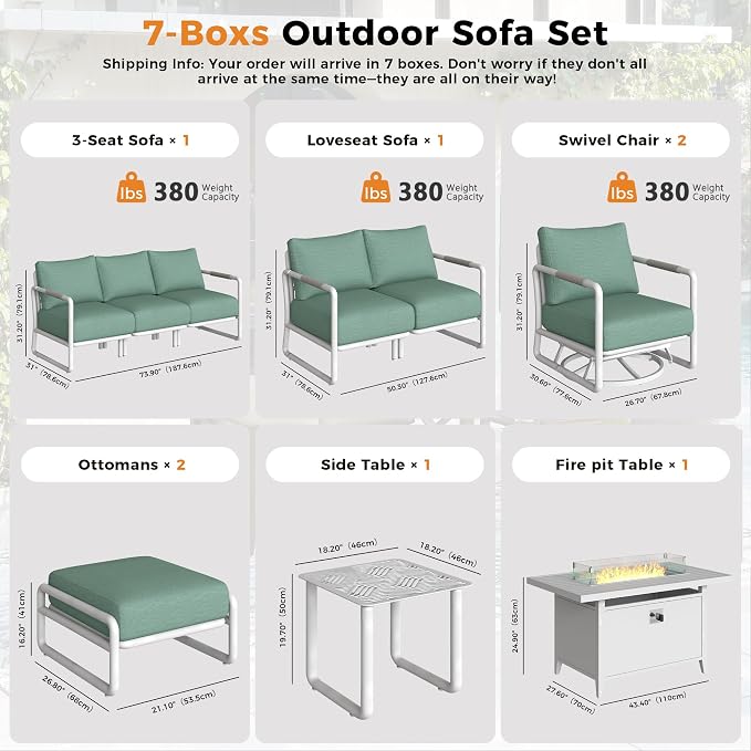 Outdoor Aluminum Patio Furniture Set with 43" Fire Pit Table,7-Seat Outdoor Conversation Set with Swivel Chairs & Loveseat & Ottomans, All-Weather Patio Set for Backyard，White