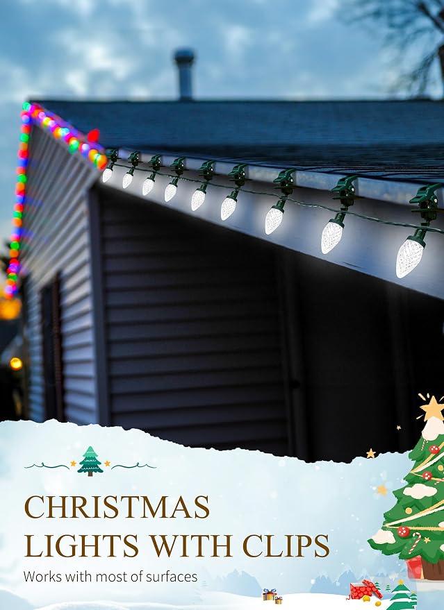 Brightown C9 LED Christmas Lights Outdoor, 68 Feet 100 LED C9 String Lights with 100 Spring Clips, Waterproof Connectable Christmas Tree Lights for Outside Roofline Patio Home Xmas Decor, Pure White