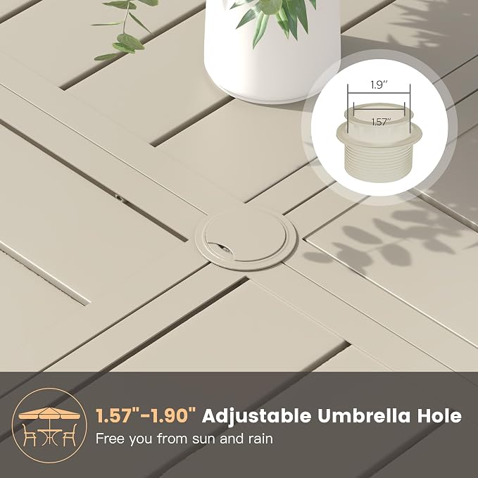 53.1" Outdoor Dining Table with Adjustable Umbrella Hole, Metal Slatted Round Patio Dining Table for Backyard Garden Deck, Sandshell