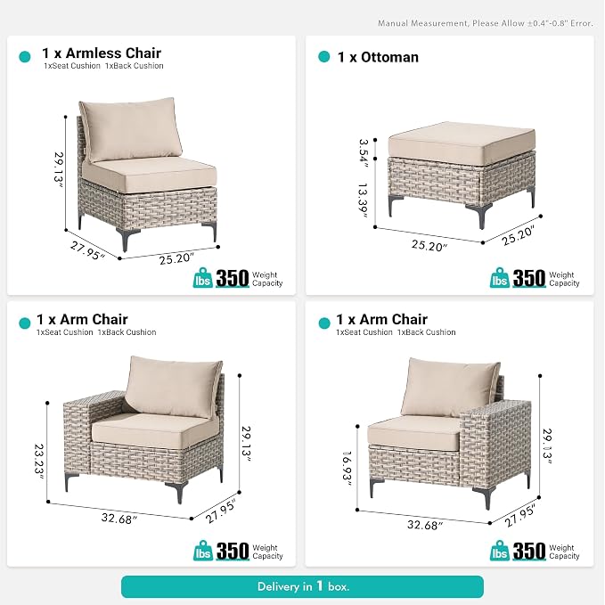 4 Pcs Patio Outdoor Furniture Set - All Weather Wicker Outdoor Sectional Sofa Couch with Ottoman,Patio Modular Rattan Conversation Set for Garden Deck Yard,Beige,