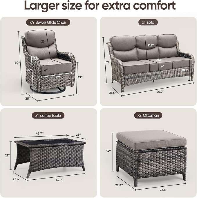 Swivel Patio Chairs sofa Set of 6 with 6" Thick Cushion - Wicker Outdoor Swivel Rocker Patio Chair ,Sofa/Glass coffee table, High Back Comfortable Outdoor Glider Chairs - Gery Wicker | Gery Cushions