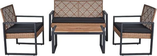 5-Piece Boho Patio Furniture Set, PE Rattan & Acacia Wood Outdoor Conversation Set for Porch, Garden, Backyard, Balcony
