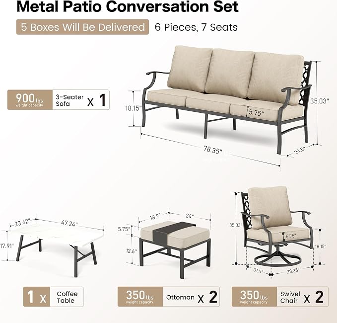 SUNSHINE VALLEY Patio Furniture Set, Modern Metal Outdoor Patio Furniture, 3 Seater Sofa, 2 Swivel Chairs, 2 Ottomans, Coffee Table and 5.75" Extra Thick Cushion, Patio Conversation Set for Backyard