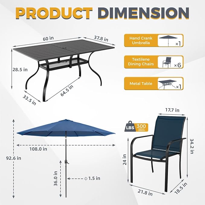 Crownland 7 Piece Patio Dining Set, Textilene Dining Sets, 6 Textilene Metal Chairs and Rectangular Outdoor Dining Table with Dark Blue 9FT Round Outdoor Umbrella (Blue)