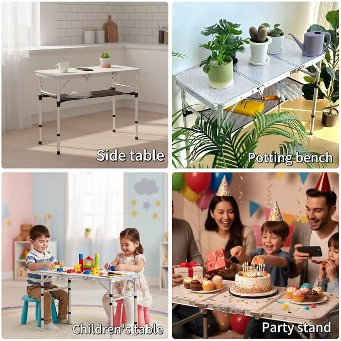 Yriuat Folding Camping Table 3ft Portable Picnic Table Adjustable Height Small Card Table Aluminum Foldable Lightweight with Carry Handle for Outdoor Indoor Hiking Camp BBQ Beach