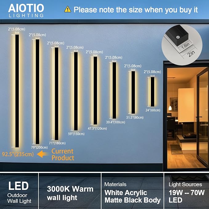 AioTio Modern Outdoor Lights Fixture,2pack 92.5inch Exterior Porch Lights Fixture Wall Mount,3000K Rectangular Black Linear Long LED Outdoor Entrance Wall Sconce Lighting for Garage,Front Door