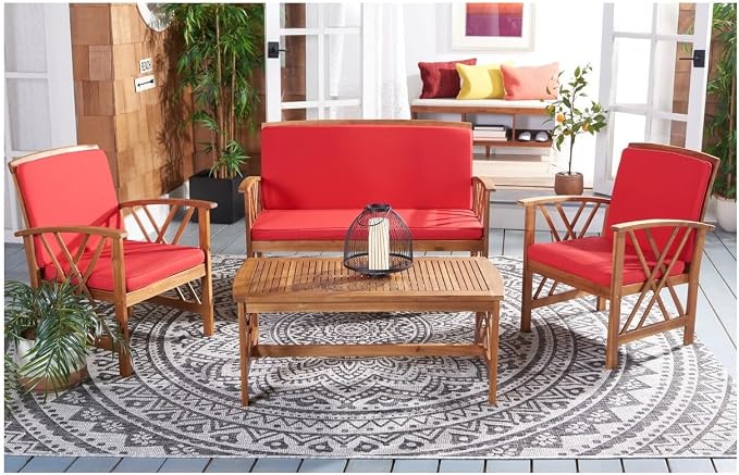 SAFAVIEH Outdoor - Fontana 4-Piece Conversation Set - Brown & Red - Solid Wood - Double-X Motif with Cushions - Ideal for Patio, Deck, Porch, Backyard (PAT7008R)