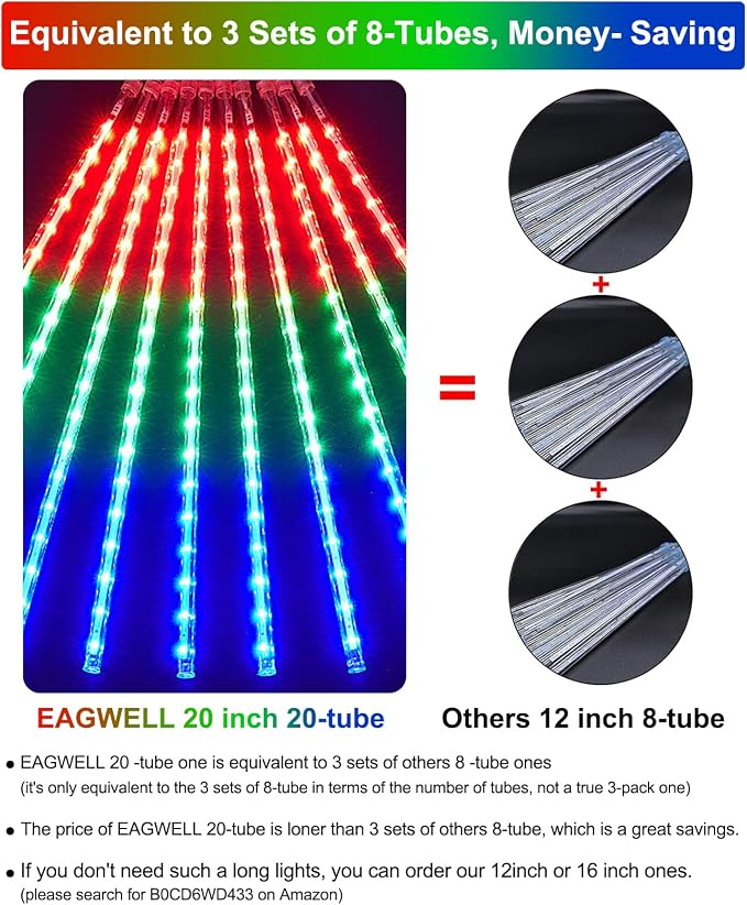 Meteor Shower Lights UL Certified 1080 LEDs 20 Tubes Falling Rain Drop Ramadan Lights Cascading Lights for Xmas Tree Halloween Decorations Wedding Party Holiday Garden Decor, Multicolor