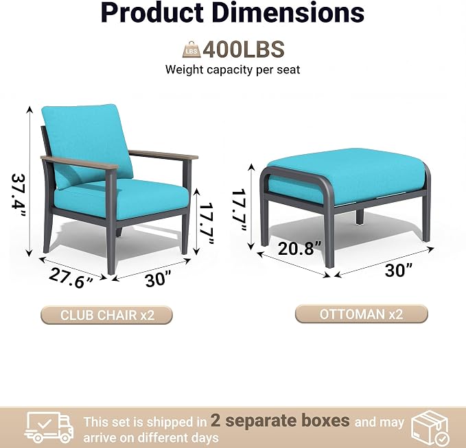 Aluminum Patio Chairs with Ottomans, 4-Piece Outdoor Patio Furniture Set, Modern Lounge Armchairs with Footrests, Wood-Like Armrests & 5.1" Thick Cushions for Porch, Poolside, Blue