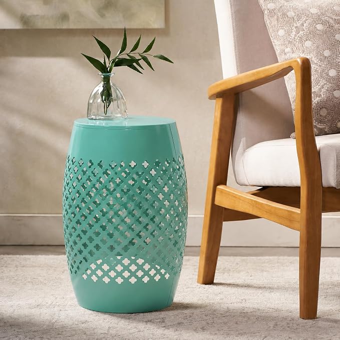 12" Outdoor Side Table, Decorative Cutout Metal Round Side Table, Multi Functional - Coffee Table, Night Stand, Plant Stand for Patio, Garden, Backyard, Gazebo Indoor (Green)