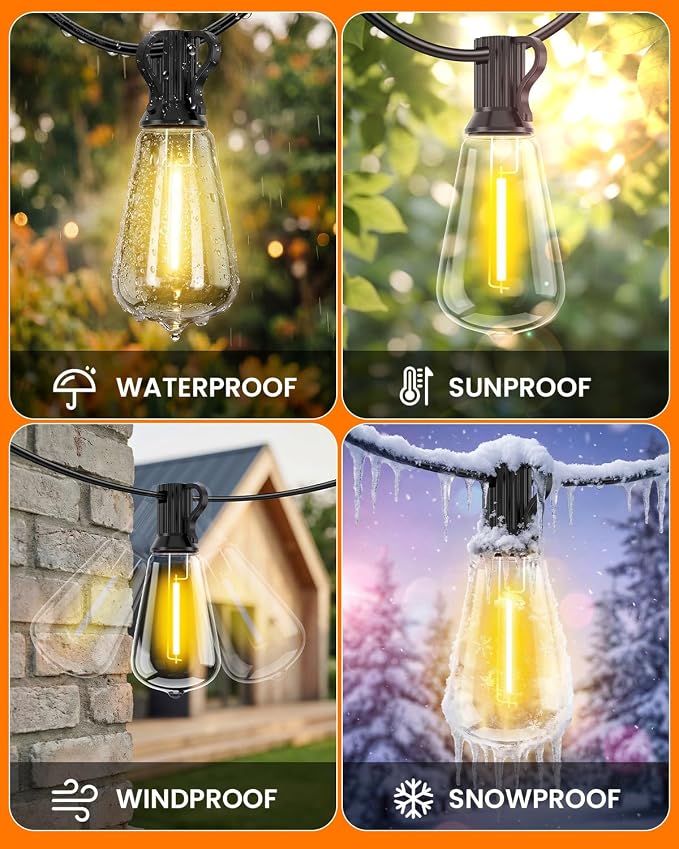 VOLIVO 200FT Outdoor String Lights for Patio, Waterproof Hanging Lights | 65+2 Shatterproof ST38 Edison Bulbs, Dimmable & Connectable Outside String Light for Backyard, Deck, Porch, Balcony