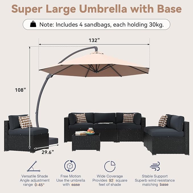 Aoxun Patio Furniture Set with Umbrella, 8 Piece Outdoor Sectional Sofas, Wicker Rattan Outdoor Furniture with Thickened Cushion for Backyard, Garden Dark Grey