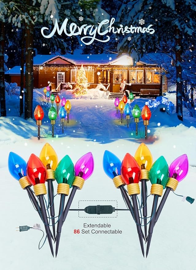 Jumbo C9 Christmas Pathway Lights Outdoor,2Pack Total 17FT C9 Walkway Light | 10 LED Multicolor Bulb Holiday Pathway Light with Marker Stake, Connectable Christmas Lights Outdoor Decoration for Lawn Yard