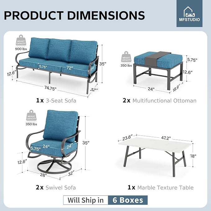MFSTUDIO 6 Pieces Metal Patio Furniture Sets, 2 Swivel Chair, 1 Deep Seating 3-Seat Sofa, 2 Ottoman & 1 Marbling Coffee Table, All Weather 7 Seats Outdoor Conversation Set for Garden, Peacock Blue