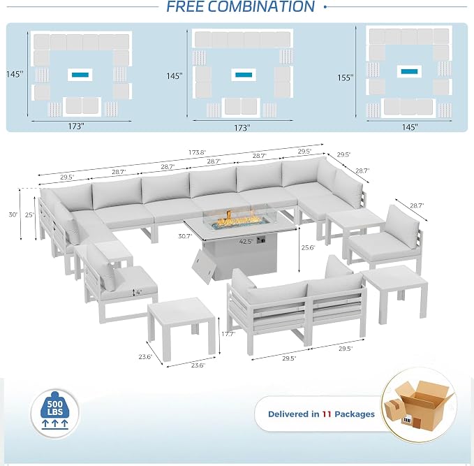 NICESOUL 17 Piece Extra Large Aluminum Outdoor Patio Furniture Set with Fire Pit Table & End Table, L Shaped Modern Sectional Couch, 29" Wide Deep Seating Conversation Sofa for Terrace, Light Gray