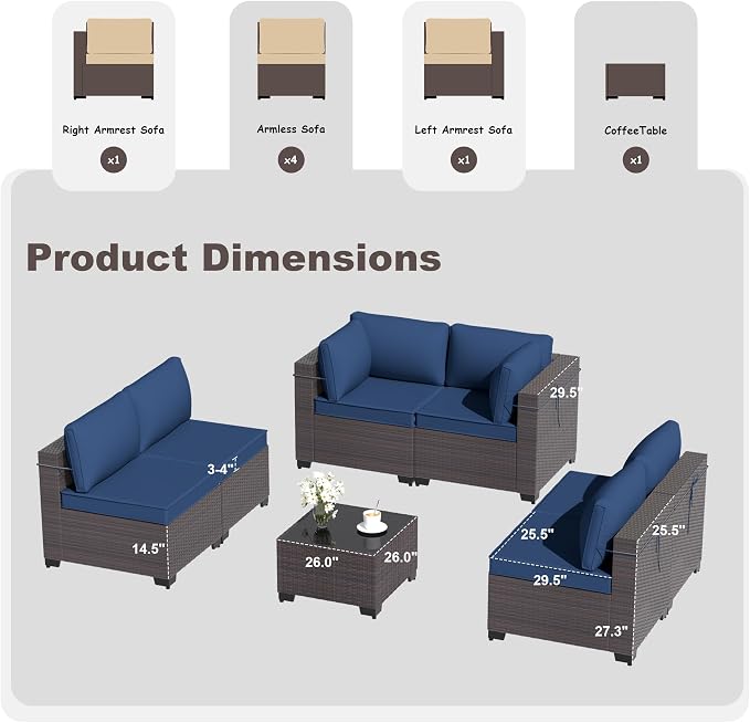 Kurapika 7 Pieces Patio Furniture Set, Rattan Wicker Outdoor Conversation Sets w/4 Inch Cushion and Glass Coffee Table(Navy Blue)