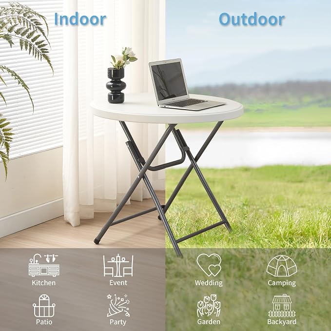 KAIHAOWIN Plastic Folding Table-31.5" Small Round Table with Foldable Legs Portable Table for Dining Party Camping Indoor Outdoor Use-White