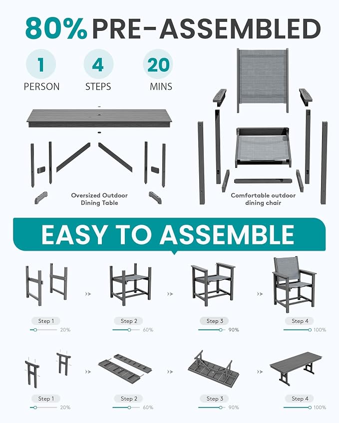 SERWALL 10 Piece Outdoor Dining Set with 15ft Triple-Head Foldable Umbrella(Based not Included), 84" HDPE Outdoor Large Table and Textilene Sling Chairs for 8, Gray