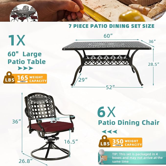 MEETWARM 7-Piece Outdoor Patio Dining Set, All-Weather Cast Aluminum Patio Conversation Set with 6 Cushioned Swivel Rocker Chairs for Backyard Garden Deck, 1 Rectangular Table, Chili Red