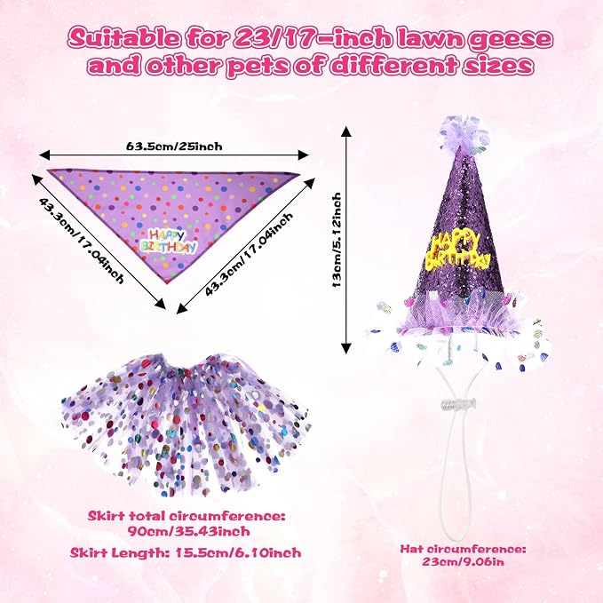 Porch Goose Outfits, Birthday Goose Outfits with Glitter Tutu Skirt, Birthday Hat and Bandana Valentine Porch Gooses Outfit for 23" 17" Outdoor Statue Patio Yard Lawn Art(Purple)