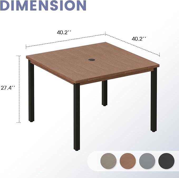 VICLLAX Square Patio Dining Table for 4, Outdoor Patio Table with Umbrella Hole for Garden Lawn Deck Backyard, Walnut Tabletop