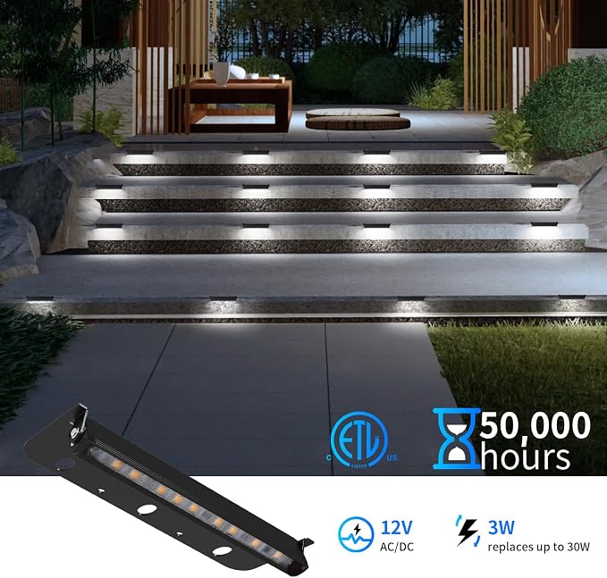 Black 12-Pack 7inch 3W 5000K Daylight White Hardscpe Lighting | 12V AC/DC Retaining Wall Lights,Low Voltage Landscape Lighting,Hardscape Paver Light,Outdoor Step Lights