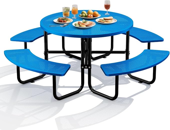 46" Coated Round Metal Picnic Table for 4-8 Person, Durable Heavy Duty Commercial Picnic Table with Umbrella Hole for Outdoor Coffee Shop, School, Easy to Install, Blue