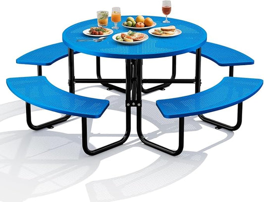 46" Coated Round Metal Picnic Table for 4-8 Person, Durable Heavy Duty Commercial Picnic Table with Umbrella Hole for Outdoor Coffee Shop, School, Easy to Install, Blue