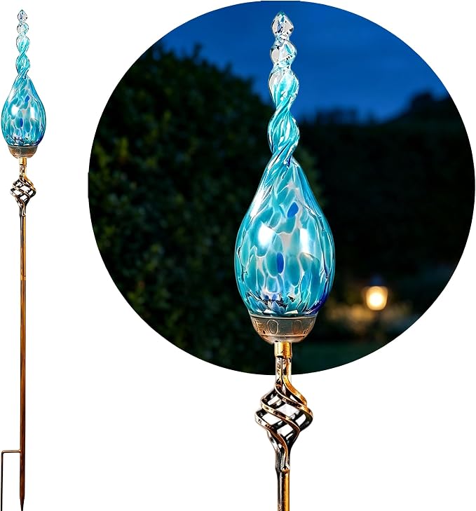 Decorative Garden Stakes, Outdoor Solar Flame Lights, LED Flame Glass Stakes, Waterproof Solar Powered Outdoor Lights for Outside Cemetery Driveway