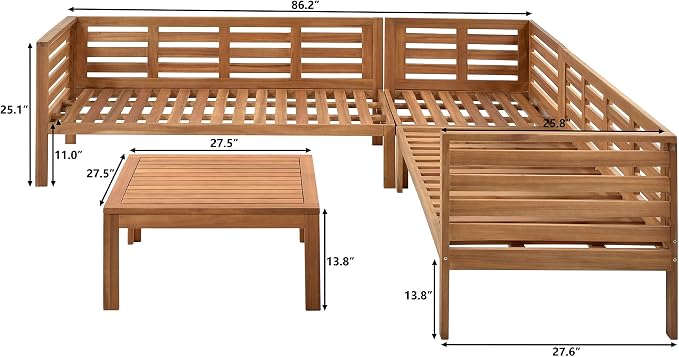 Outdoor Patio Conversation Furniture Set, Acacia Wood Sectional Sofa Set with Coffee Table, 4 Piece Outdoor Sofa Set with Two-person Sofa and Corner Sofa for Backyard (Natural log+Gray Cushions)