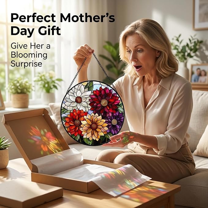 Birthday Gifts for Women - Colorful Flowers Faux Stained Glass Window Hanging Sun Catcher for Door Garden Acrylic Decor Mother's Day Christmas for Mom Nana Grandma Sisters Wife 9.8"