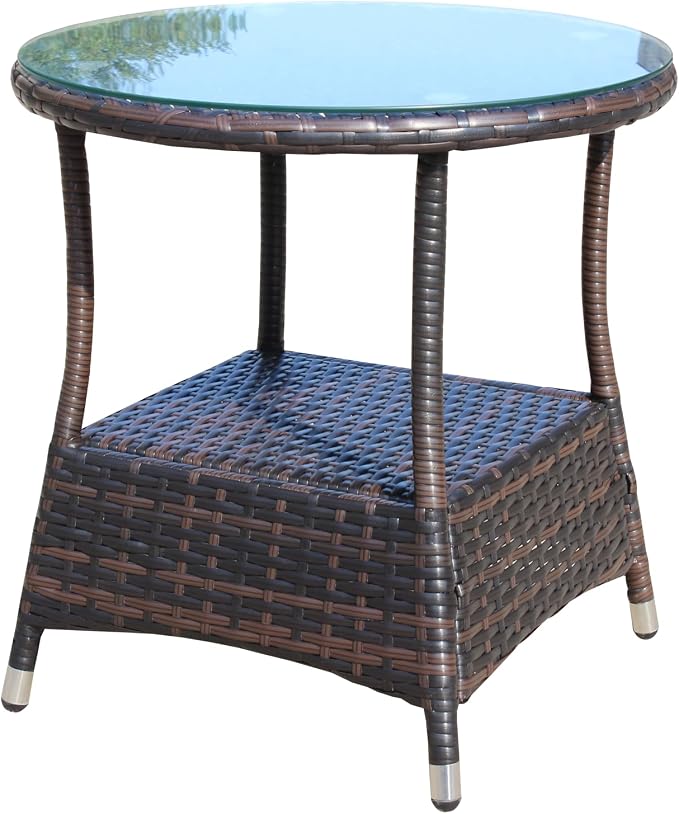 Outdoor Patio Round Coffee Table with Clear Tempered Glass Top Ideal for Garden Deck and Outdoor Entertaining Space-Saving Design