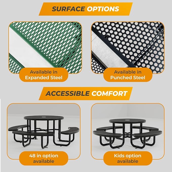 Commercial Heavy-Duty Metal Picnic Table with Backrest - ADA Compliant, Adjustable Seats, Umbrella Hole, Expanded Metal (Brown, 6' Rectangular with Back)